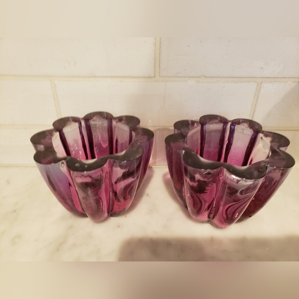 Pair Of Heavy Glass 4" Amethyst Purple Candle Holders